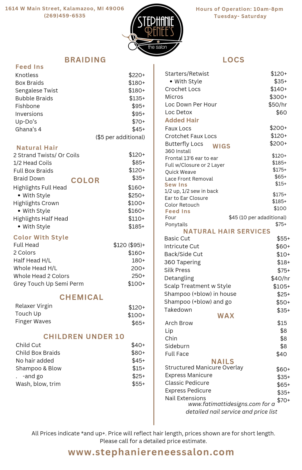 Price list for Stephanie Renee's Salon.