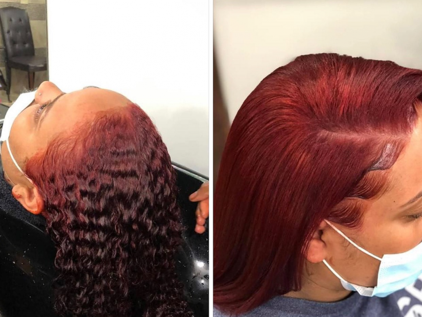 Woman with red hair, undergoing styling.