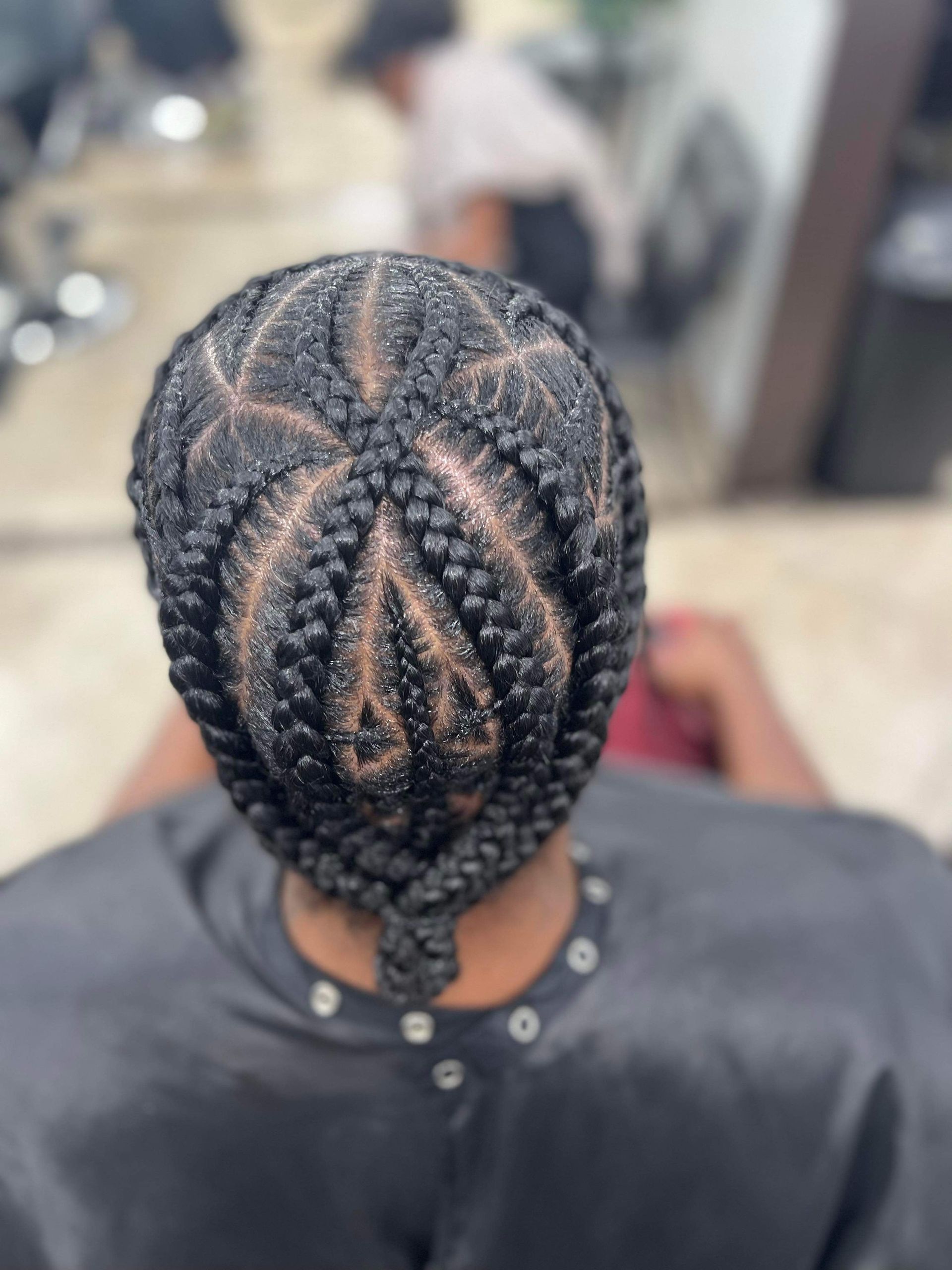 Close-up of a person's head, showing intricately braided hair.