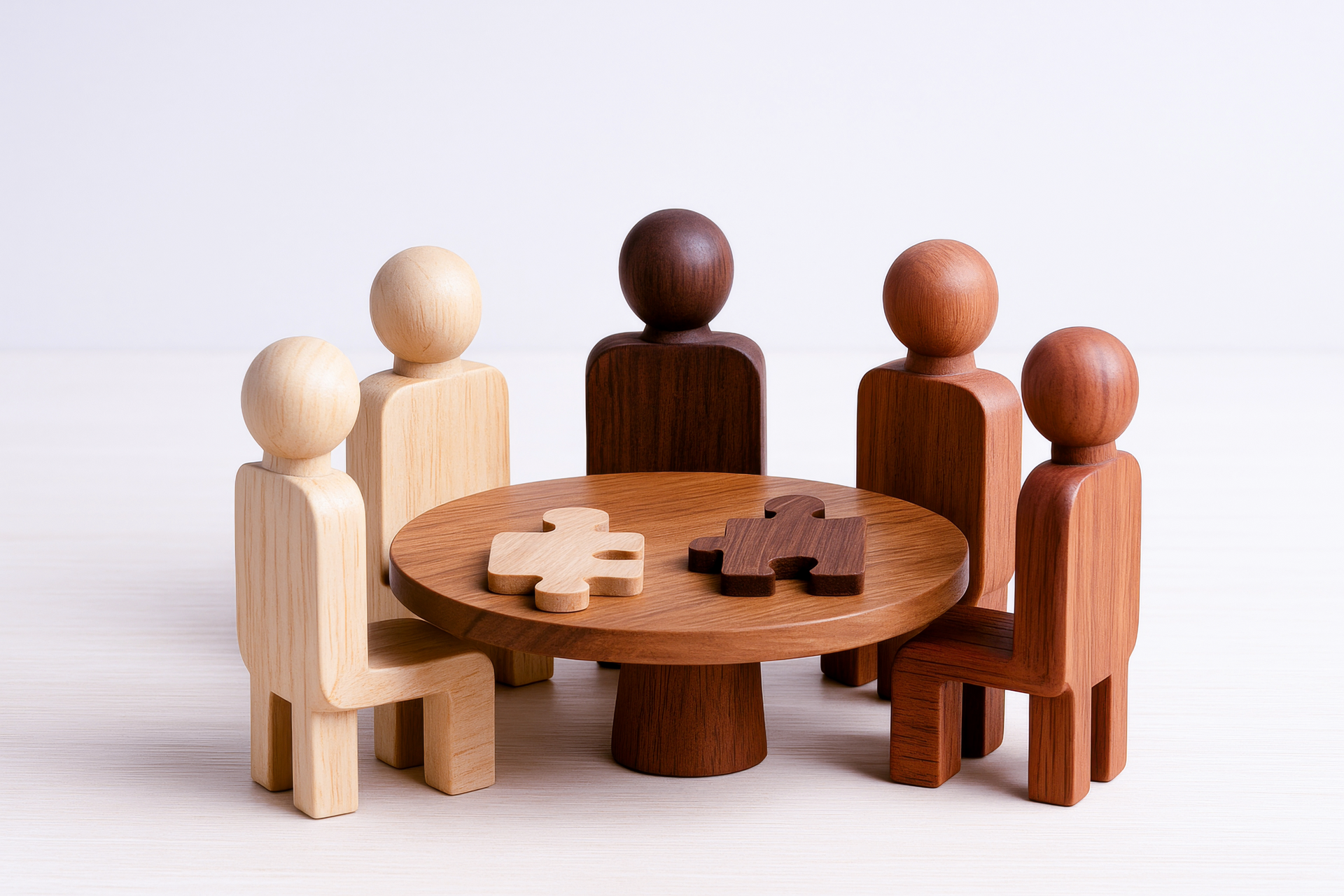 A group of wooden people are sitting around a wooden table with puzzle pieces on it.