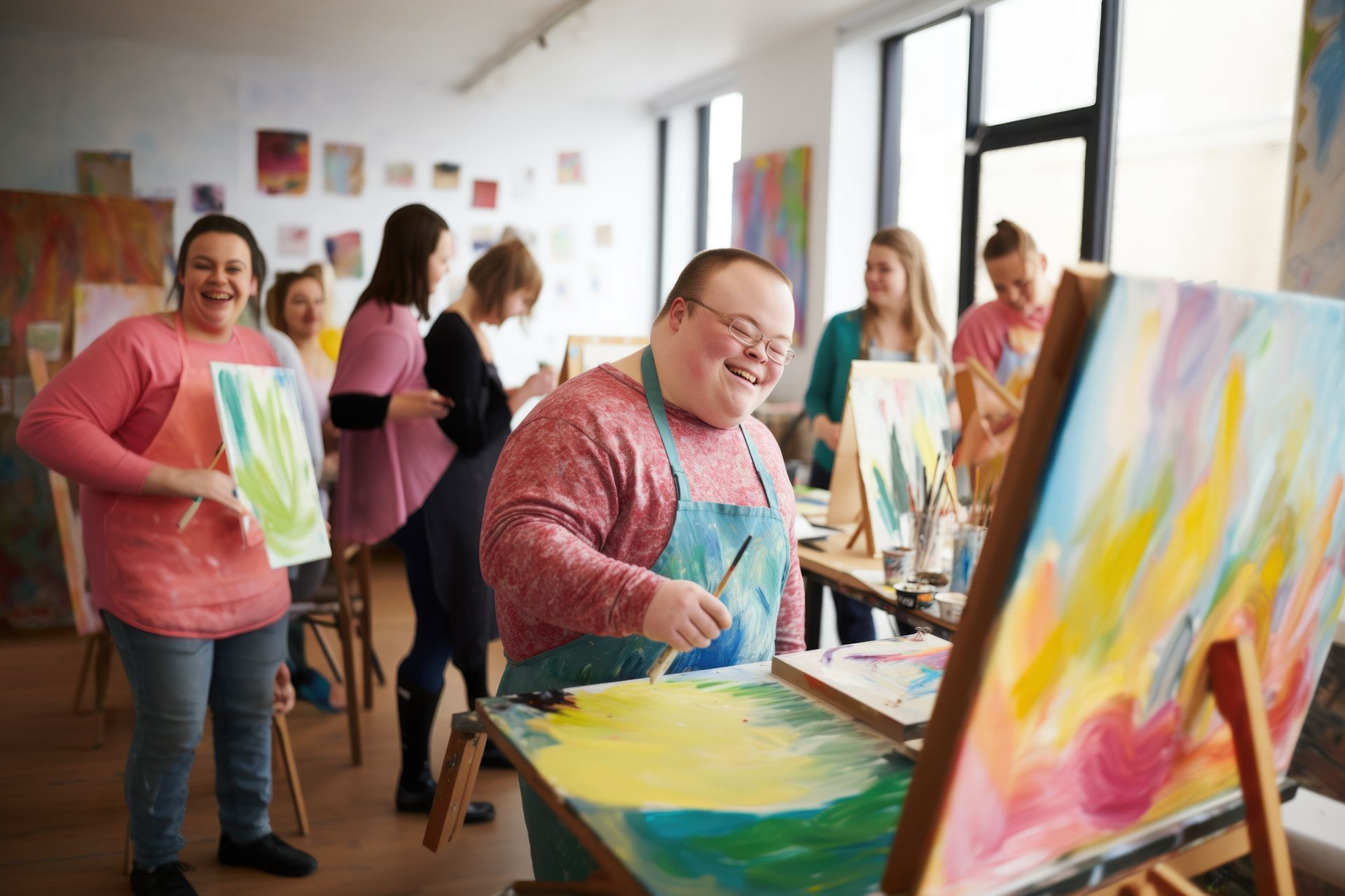 a group of people are painting on canvases in an art studio