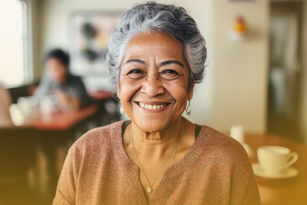 an elderly woman is smiling while sitting at a table in a restaurant