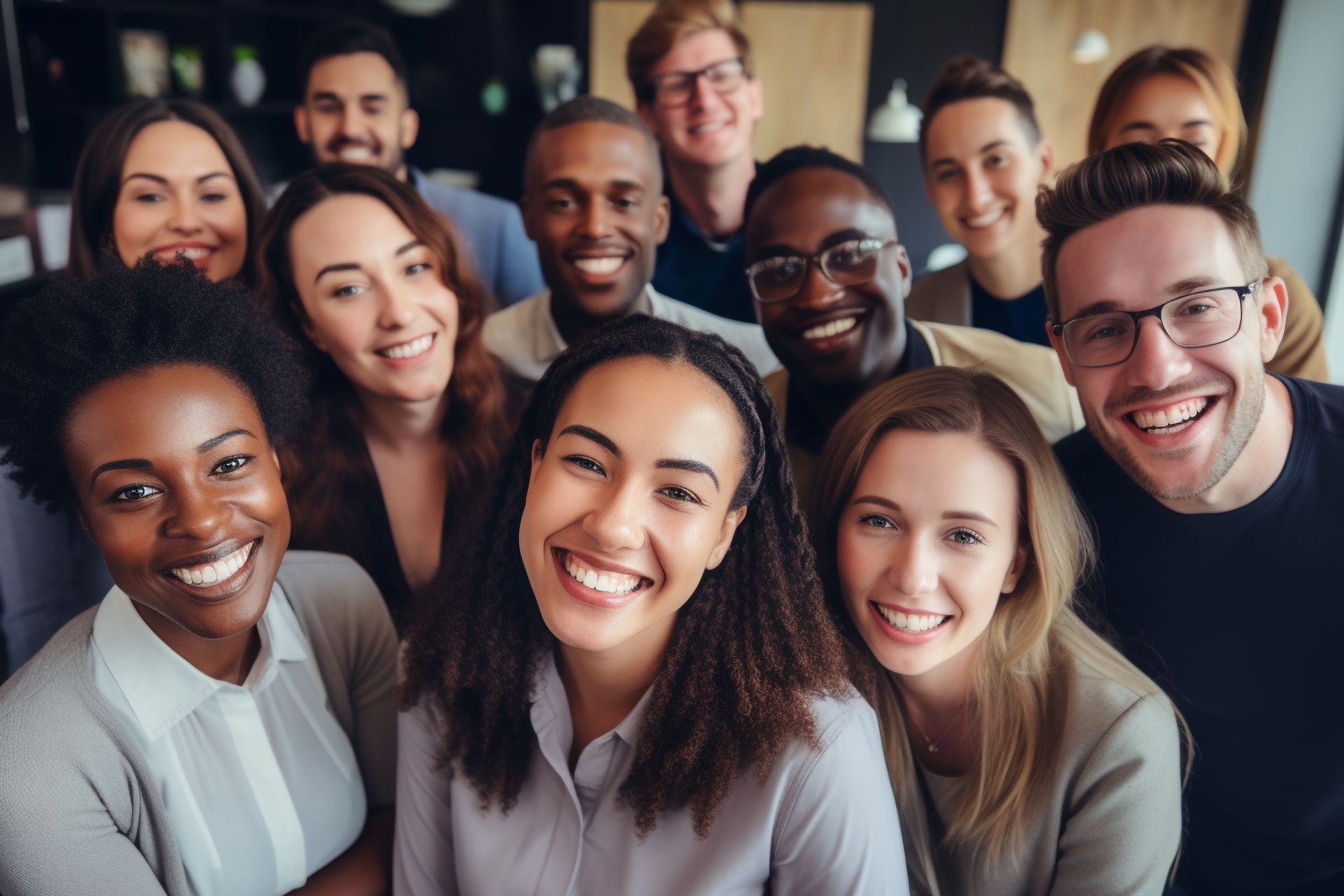 a group of people are posing for a picture and smiling