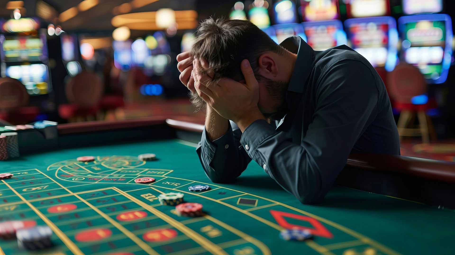 A man is sitting at a roulette table in a casino with his head in his hands.