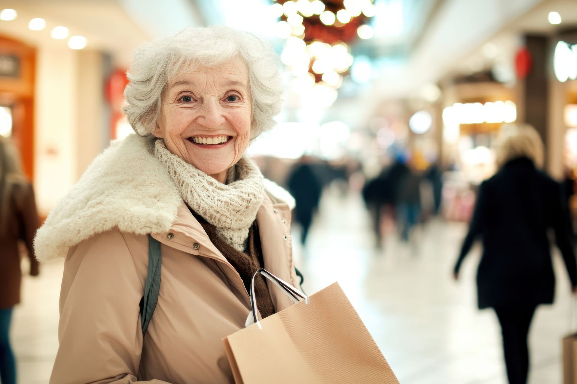 An elderly woman is smiling while holding shopping bags in a mall.