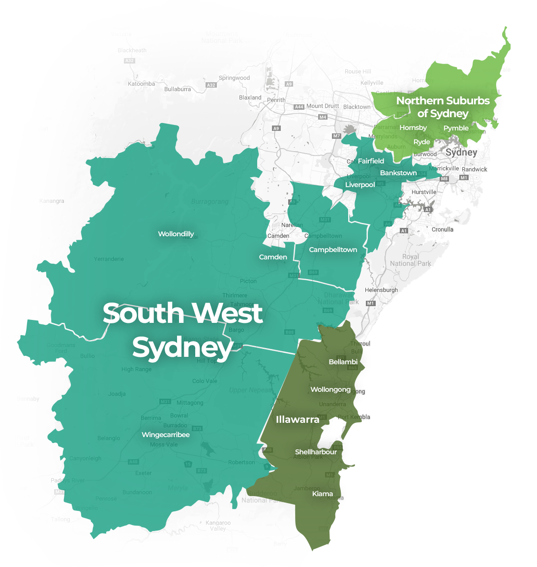 Map of Sydney South West, Macarthur and Northern Suburbs of Sydney - FOCUS Connect Service Areas