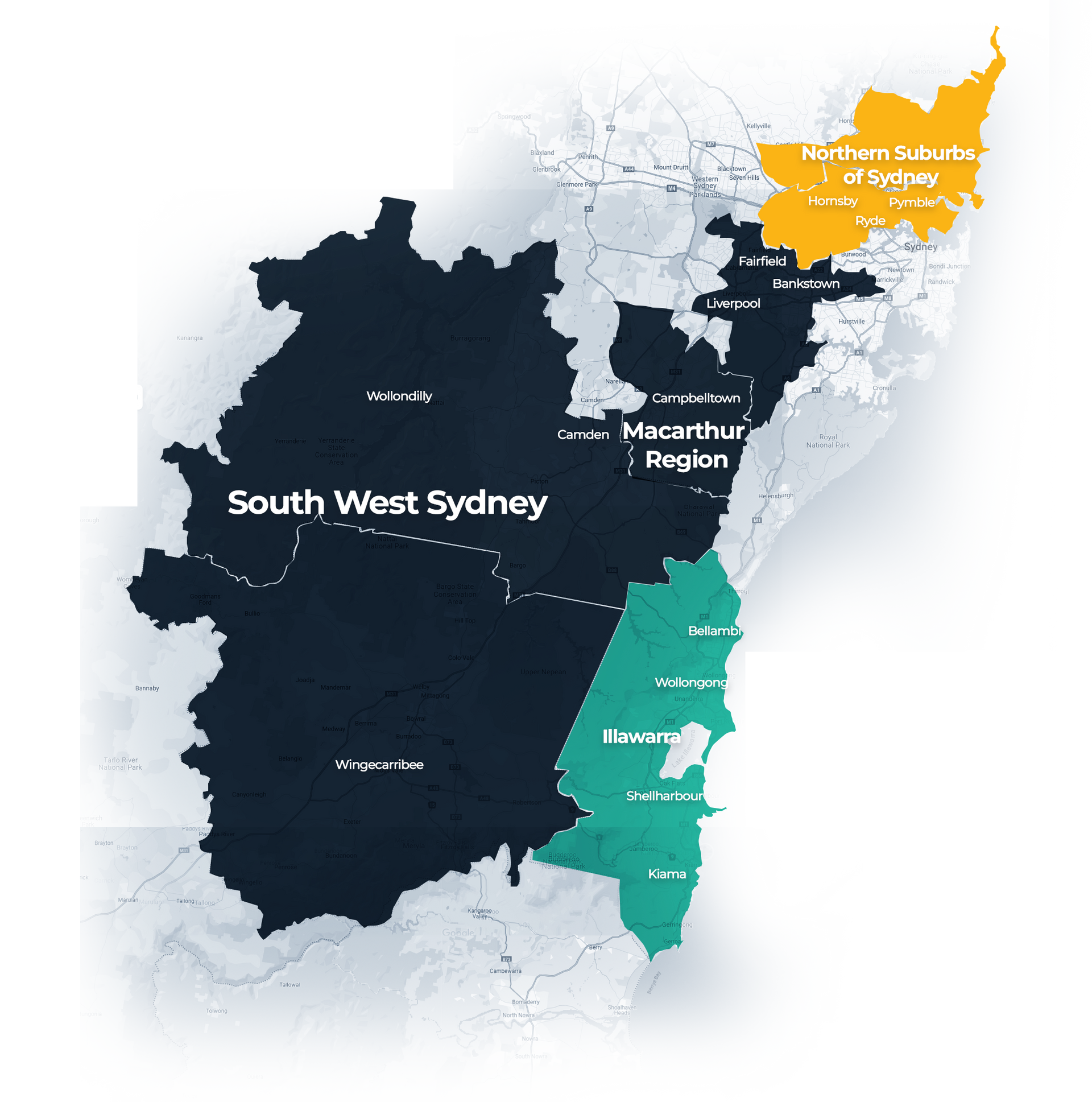 Map of Sydney South West, Macarthur and Northern Suburbs of Sydney - FOCUS Connect Service Areas