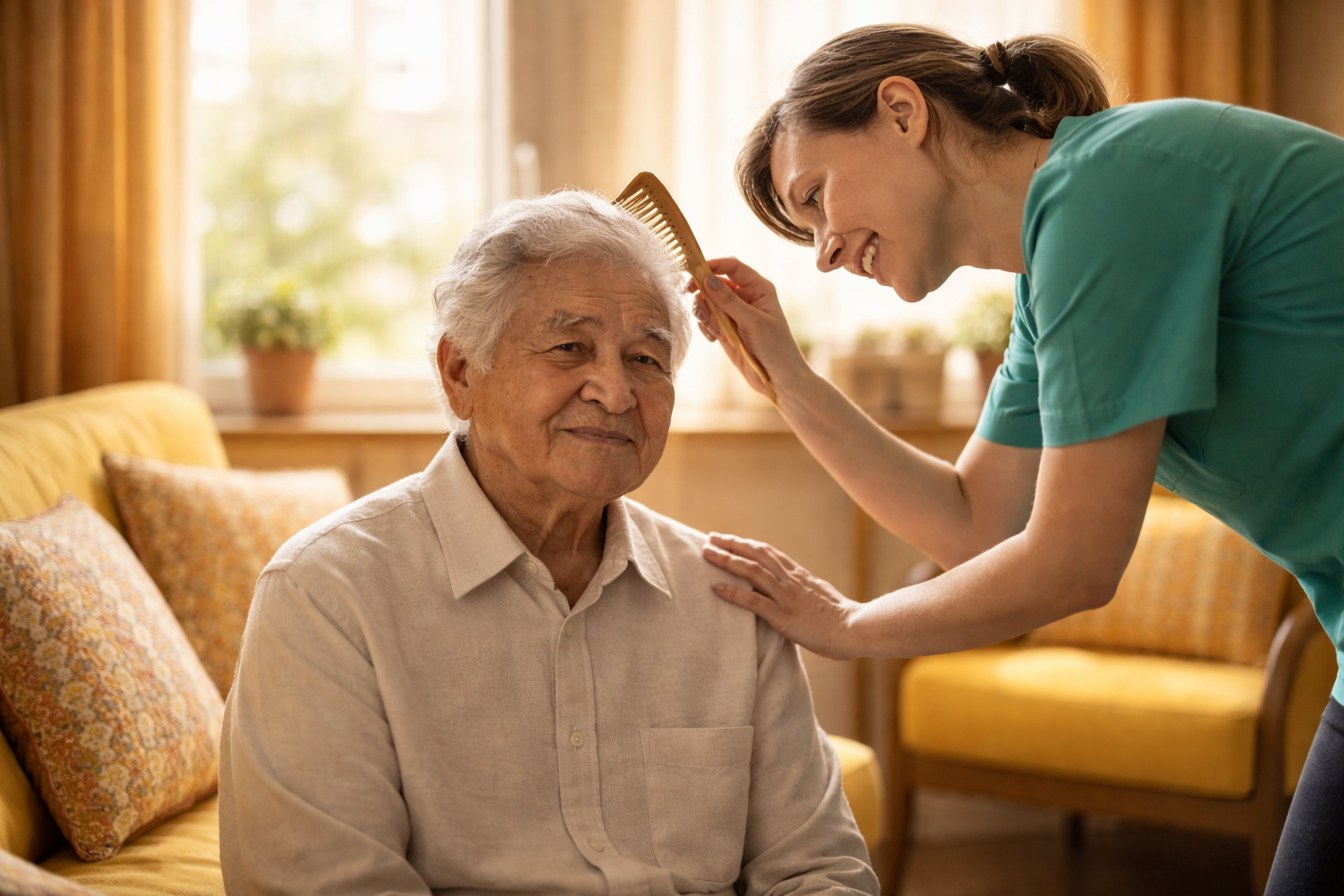 Woman combing hair of an older person sitting on a sofa indoors.