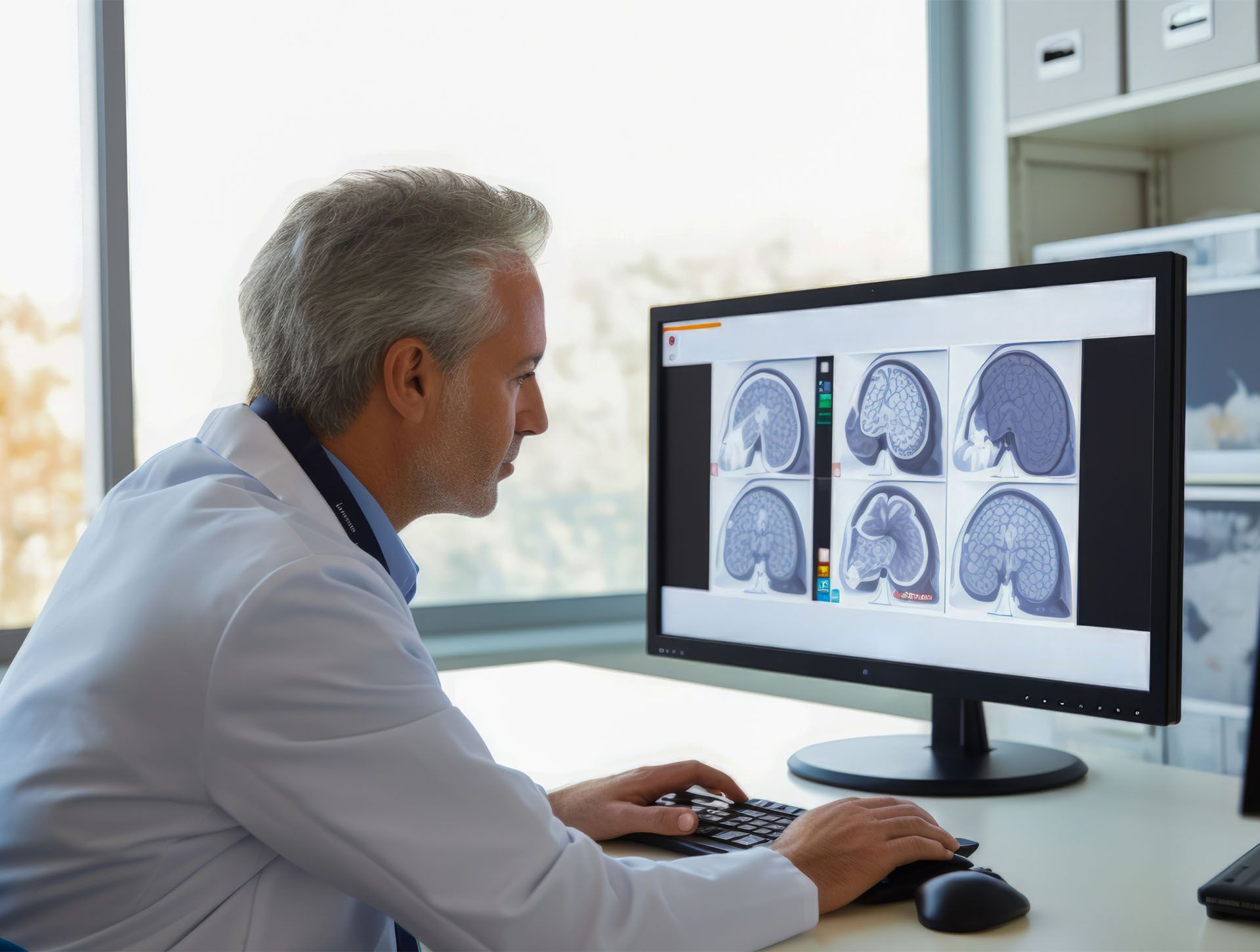 A doctor is looking at a computer screen with a picture of a brain on it.