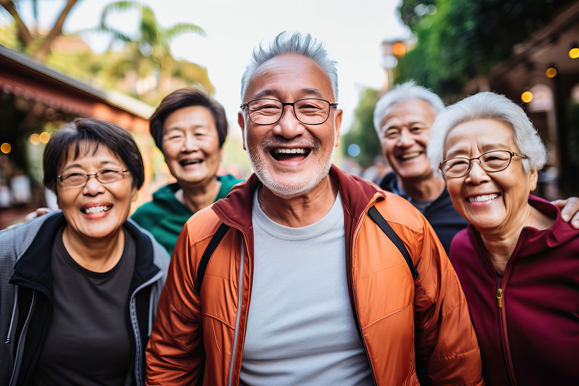 A group of elderly people are standing next to each other and smiling.