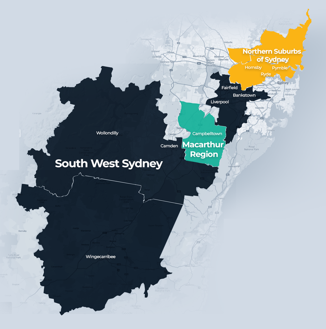 Map of Sydney South West, Macarthur and Northern Suburbs of Sydney - FOCUS Connect Service Areas