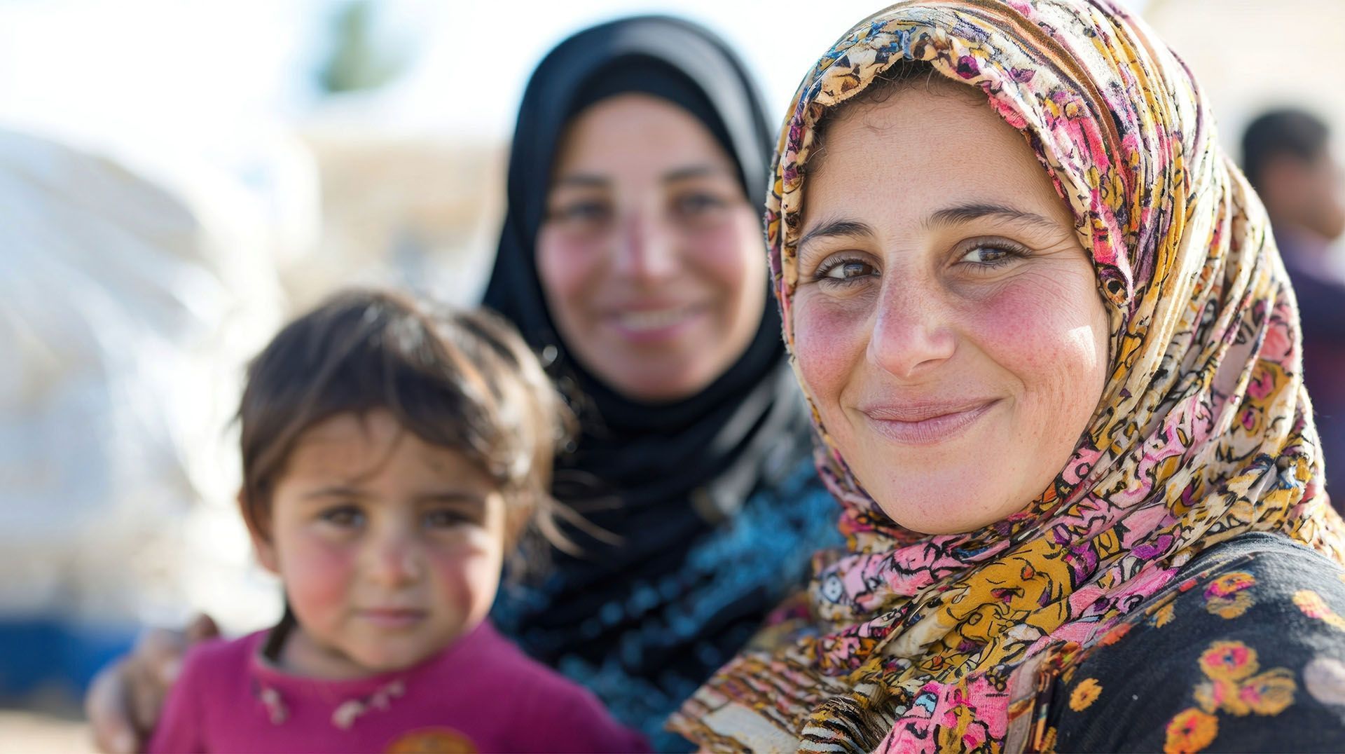 Two refugee women and a little girl are posing for a picture