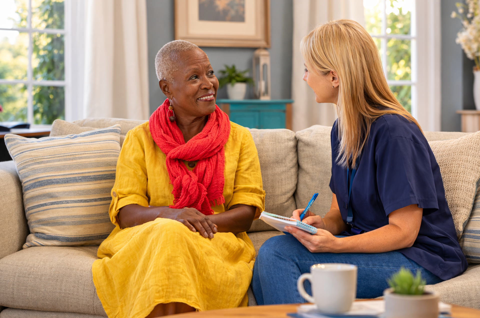 Senior woman in yellow dress and red scarf talks with a professional in a home setting.