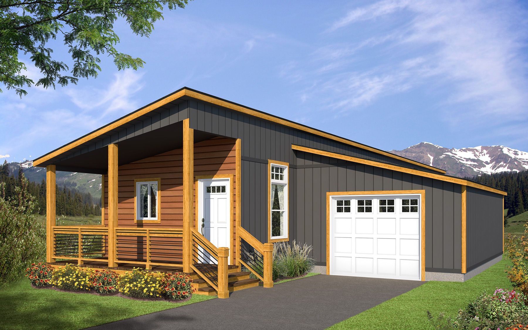 Modern gray house with wood porch, white garage door, and mountain backdrop