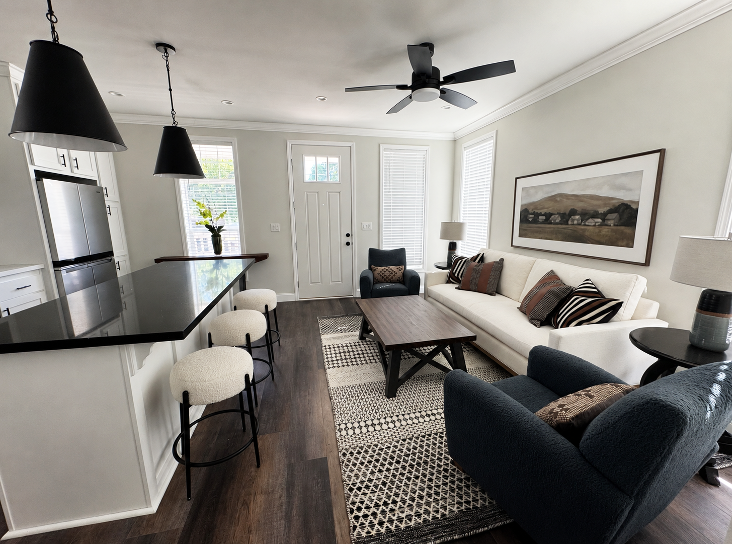 Modern kitchen and open living space. New  corporate Healdsburg ADU model from Perpetual Homes.