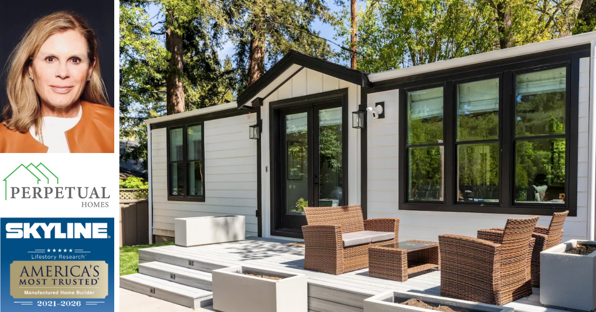 Katherine Anderson of Perpetual Homes ADU, Skyline Retailer, with modern backyard prefab ADU and patio seating.