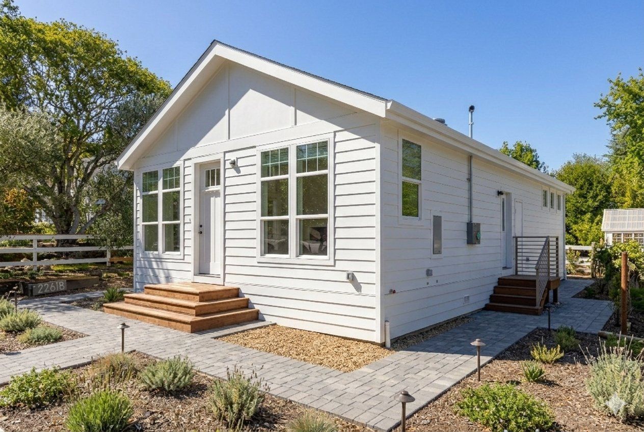 New backyard prefab home by Perpetual Homes ADU with white siding and large windows in California CA