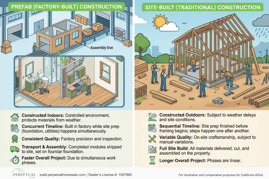 Perpetual Homes ADU: Modern kitchen with white cabinets, stainless steel appliances, and an open living concept.