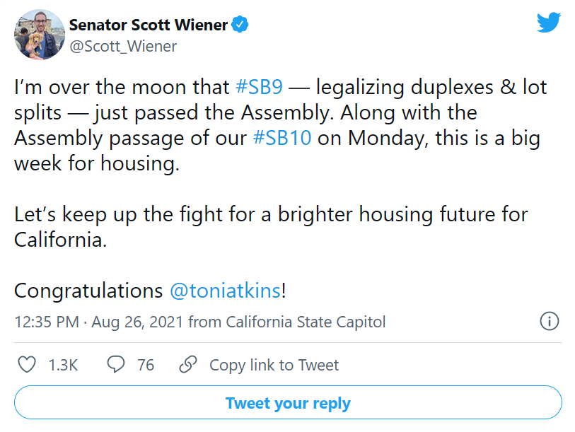 Tweet by Senator Scott Wiener Supporting SB9 and SB10  Passing
