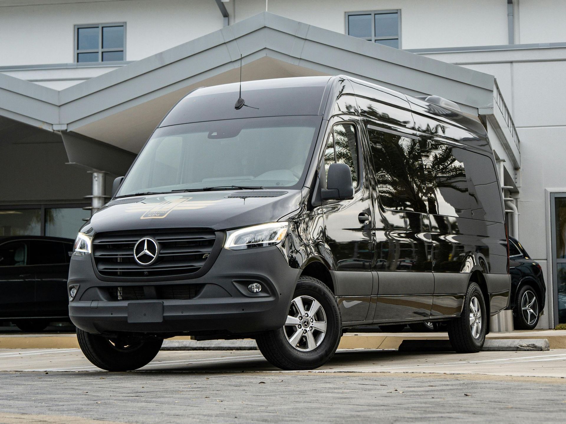 Black Mercedes-Benz Sprinter van parked in front of a building with a white facade.