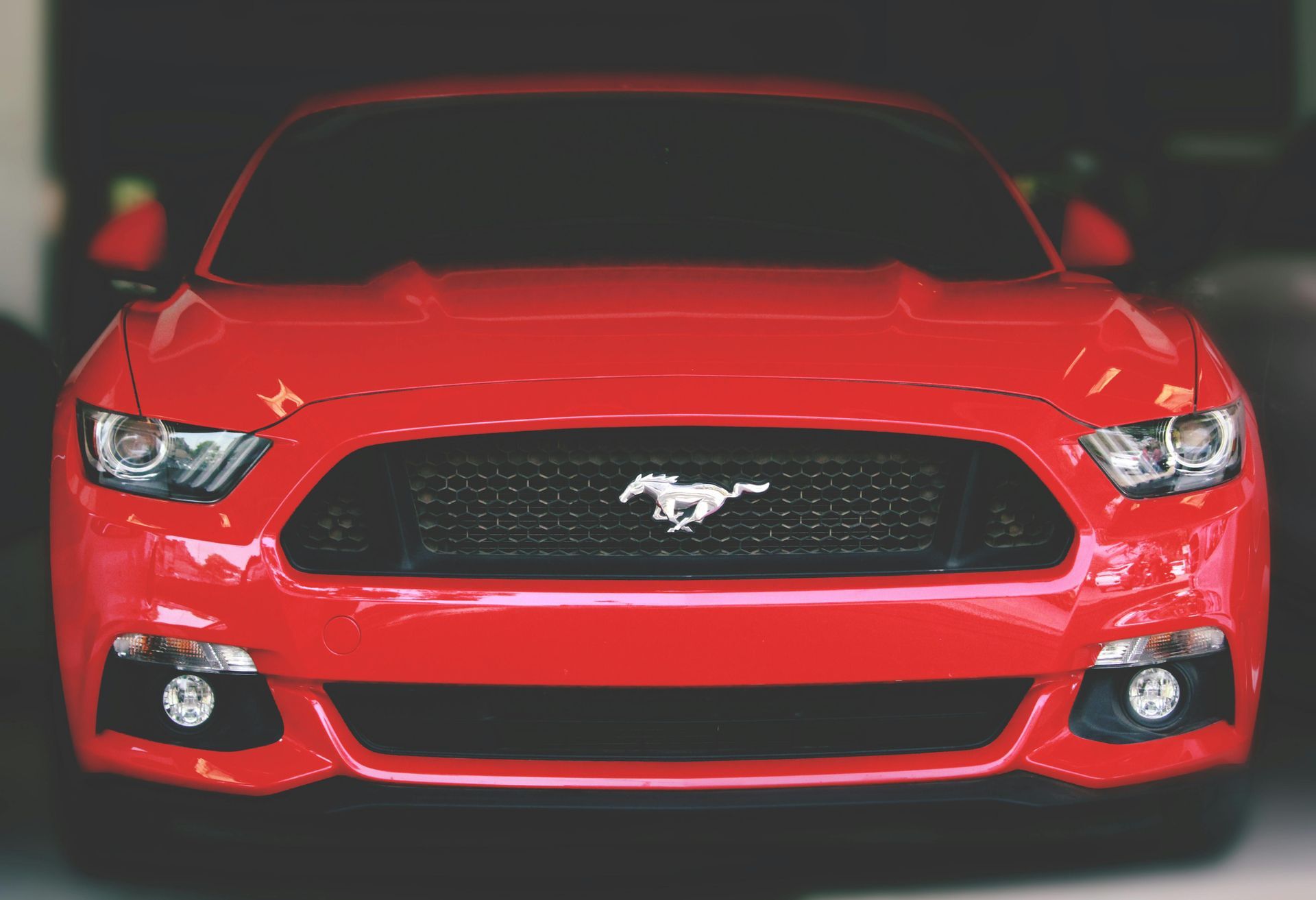 Red Ford Mustang sports car, front view, with the Mustang logo on the grille.