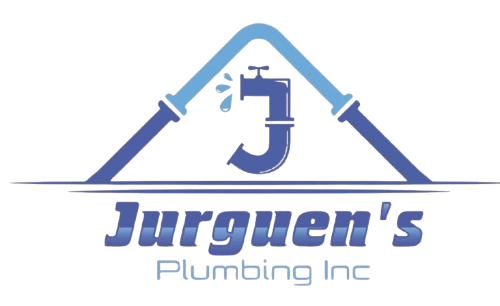The logo for jurgue 's plumbing inc shows a faucet and pipes