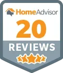 A home advisor 20 reviews badge with three stars on it.