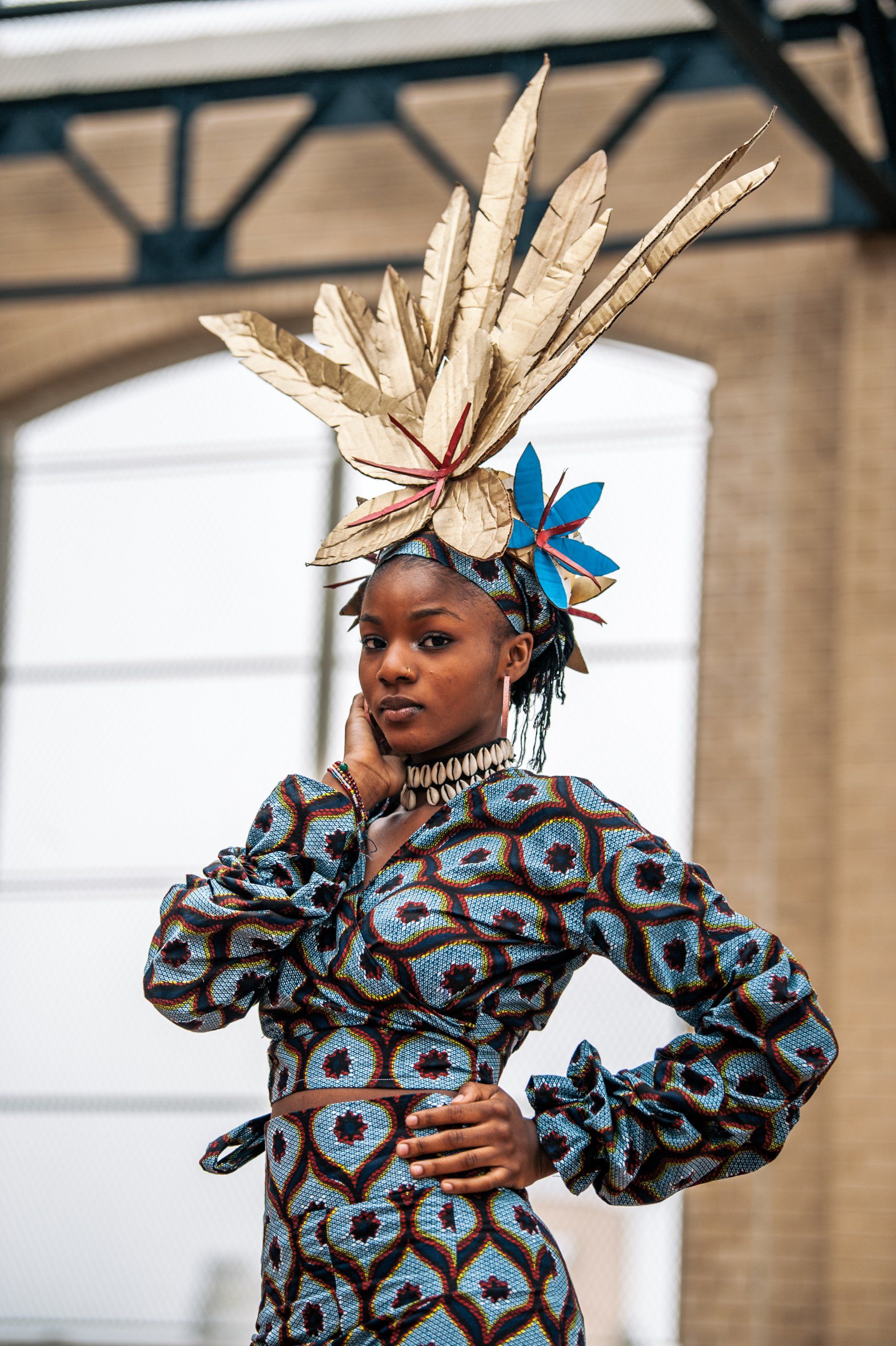 Model in hand-made garment at the 2019 Sustainable Fashion Show at New Design High School