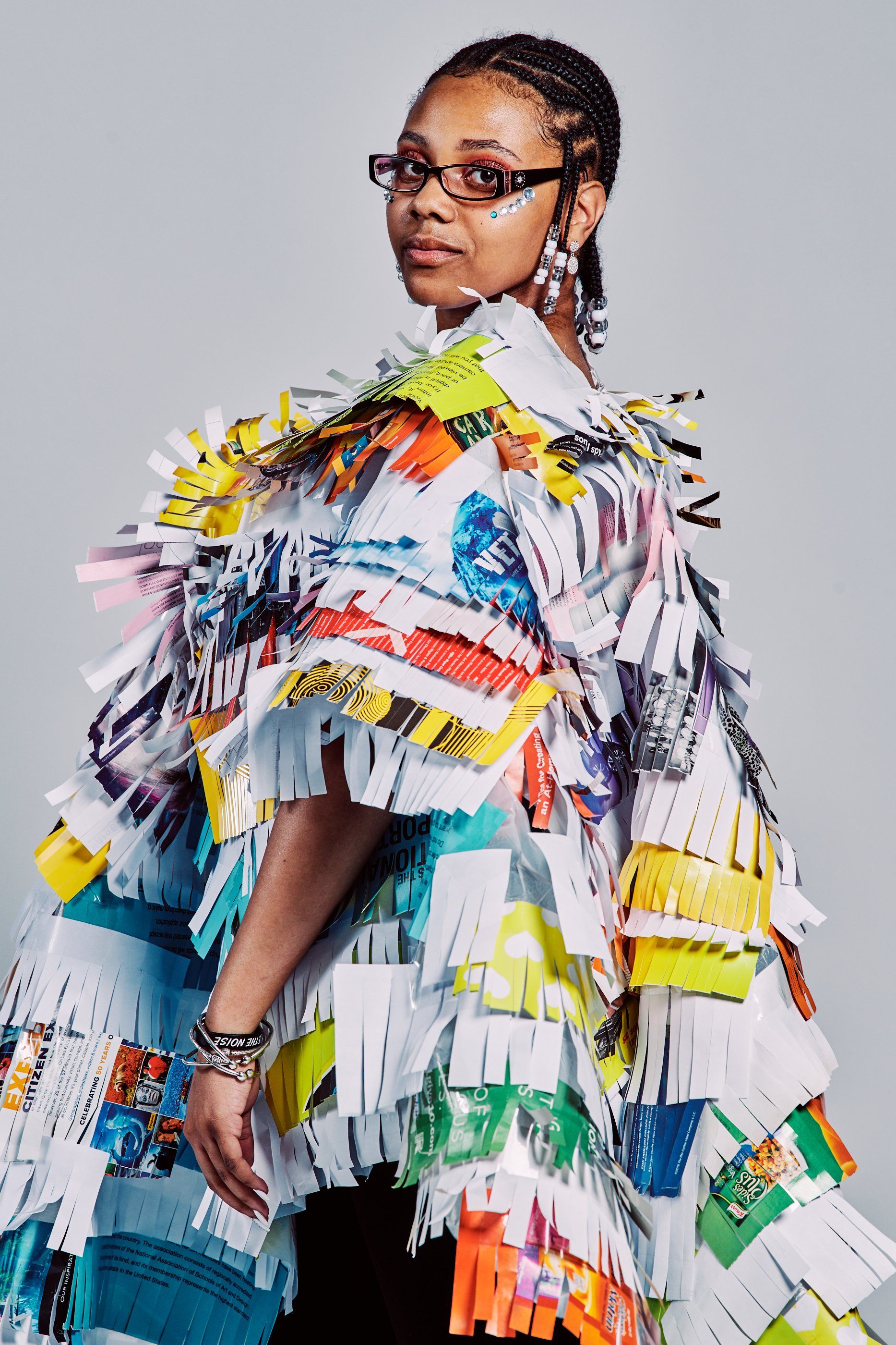 Model in hand-made garment at the 2019 Sustainable Fashion Show at New Design High School