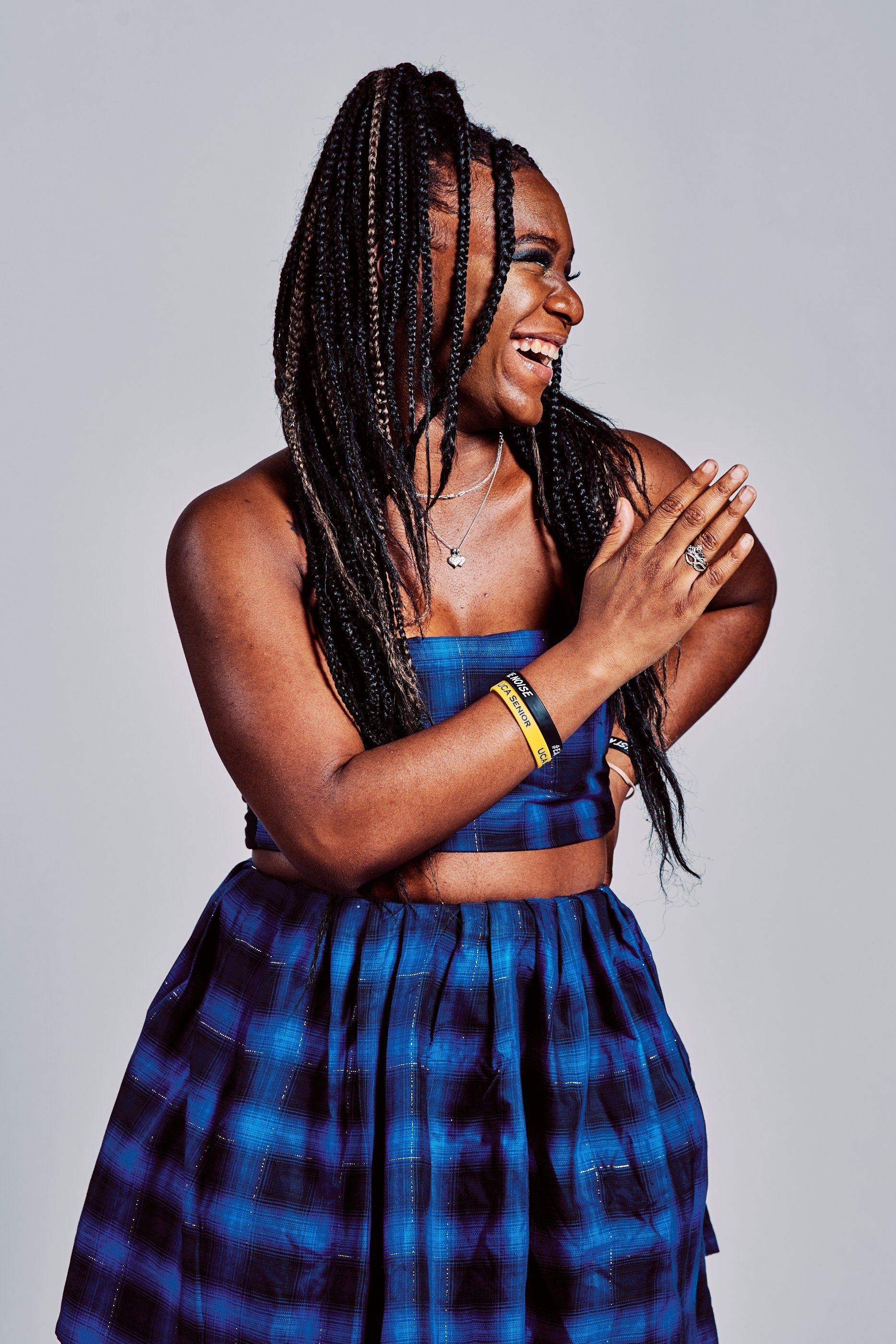 Model in hand-made garment at the 2019 Sustainable Fashion Show at New Design High School