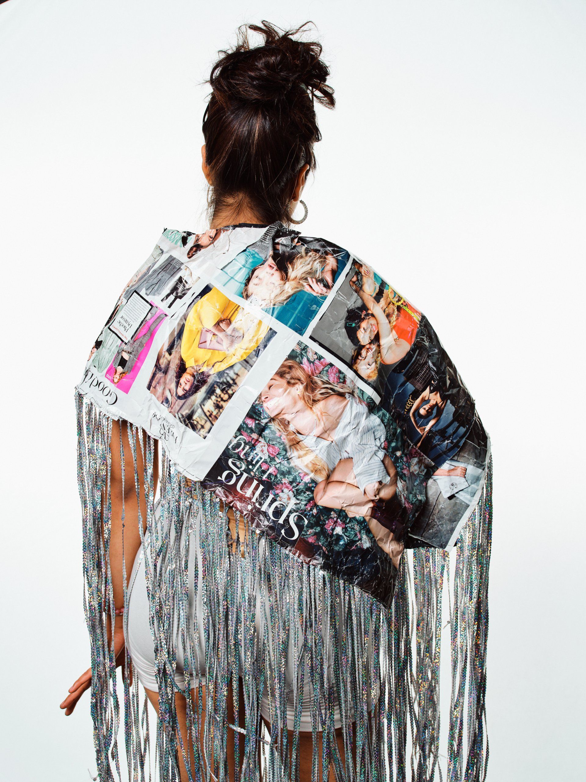 Model in hand-made garment at the 2022 Sustainable Fashion Show at New Design High School. Photo by Christian Rodriguez