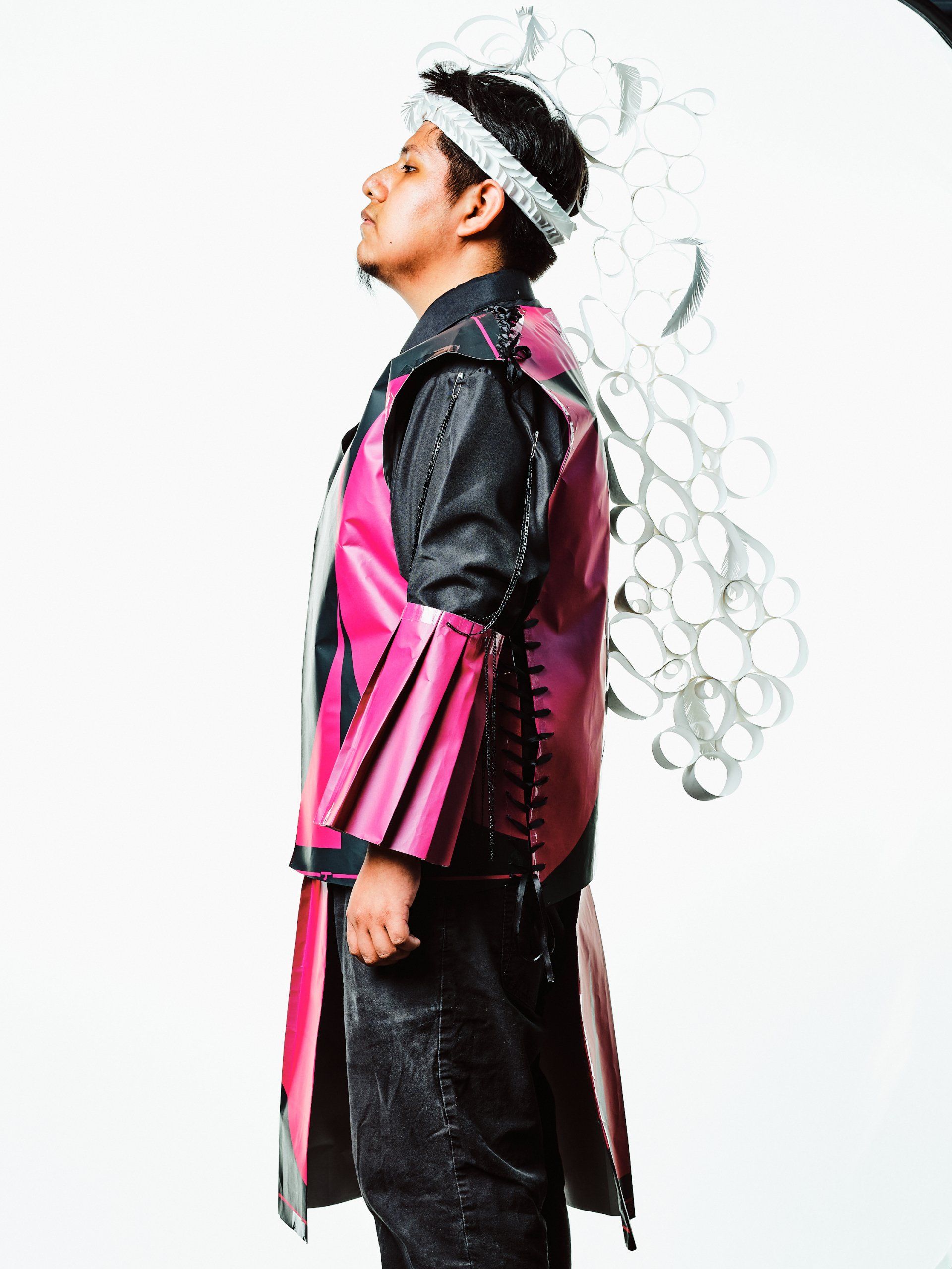 Model in hand-made garment at the 2022 Sustainable Fashion Show at New Design High School. Photo by Christian Rodriguez