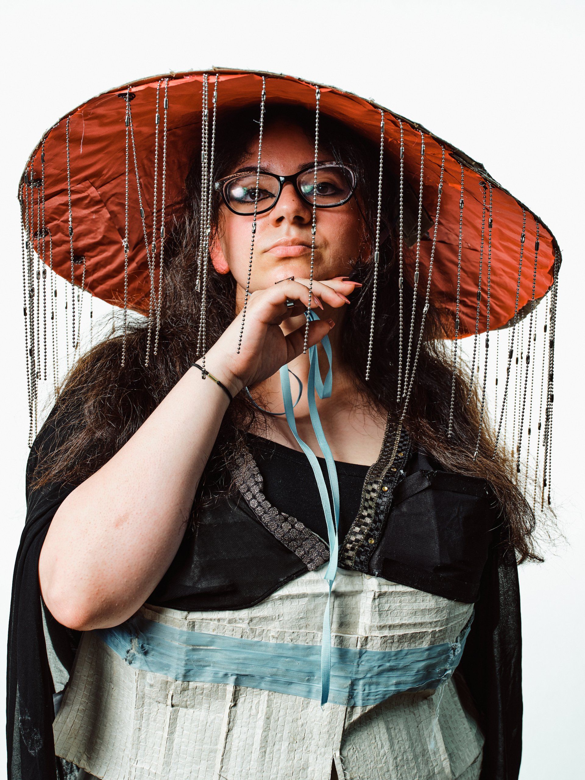 Model in hand-made garment at the 2022 Sustainable Fashion Show at New Design High School. Photo by Christian Rodriguez