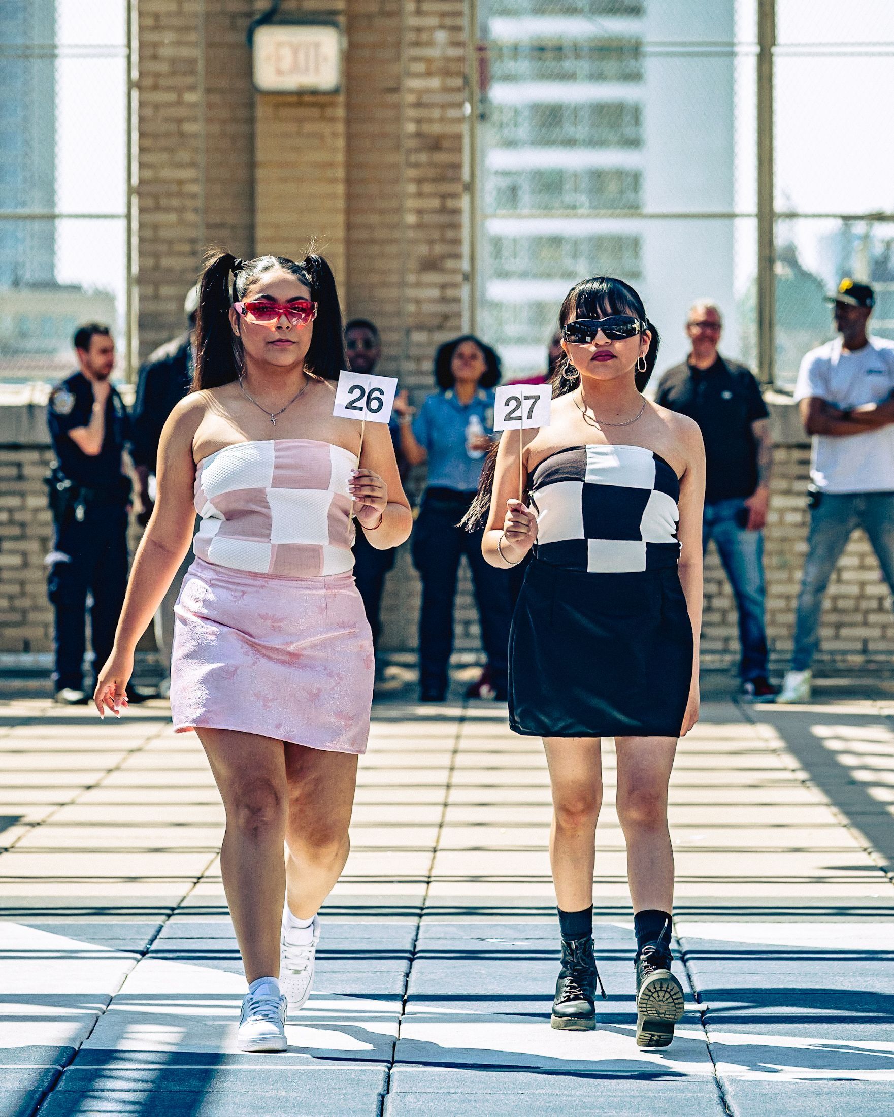 Model in hand-made garment at the 2023 Sustainable Fashion Show at New Design High School. Photo by Luis Suarez