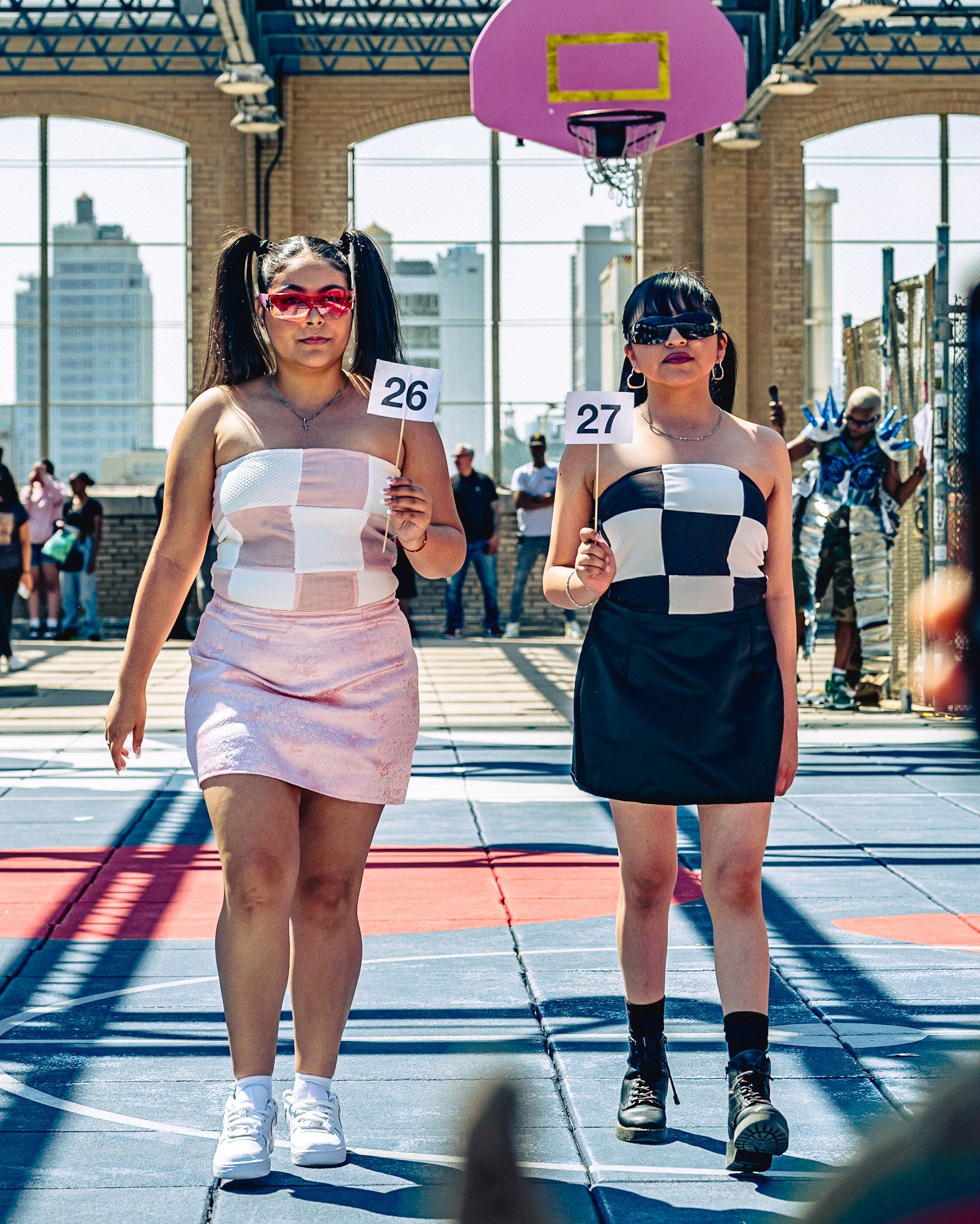 Model in hand-made garment at the 2023 Sustainable Fashion Show at New Design High School. Photo by Luis Suarez