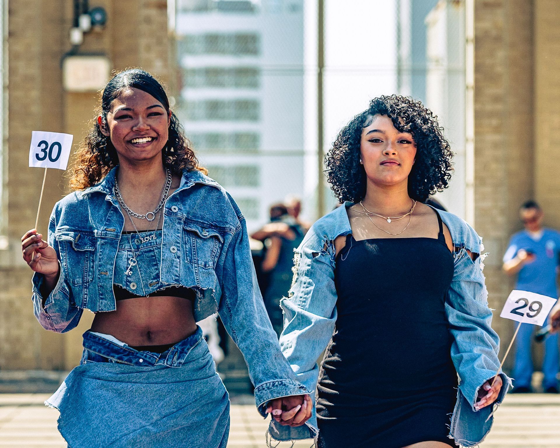Model in hand-made garment at the 2023 Sustainable Fashion Show at New Design High School. Photo by Luis Suarez