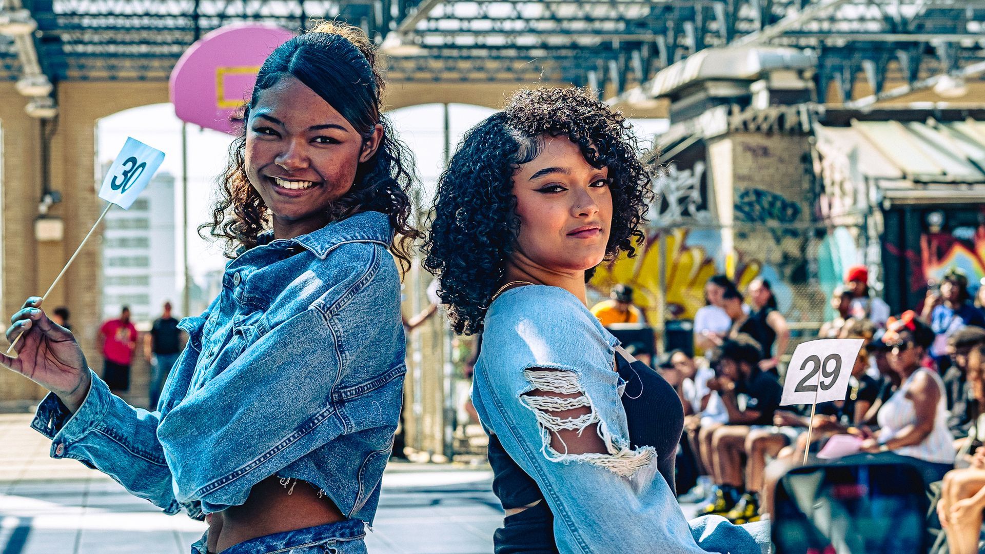 Model in hand-made garment at the 2023 Sustainable Fashion Show at New Design High School. Photo by Luis Suarez