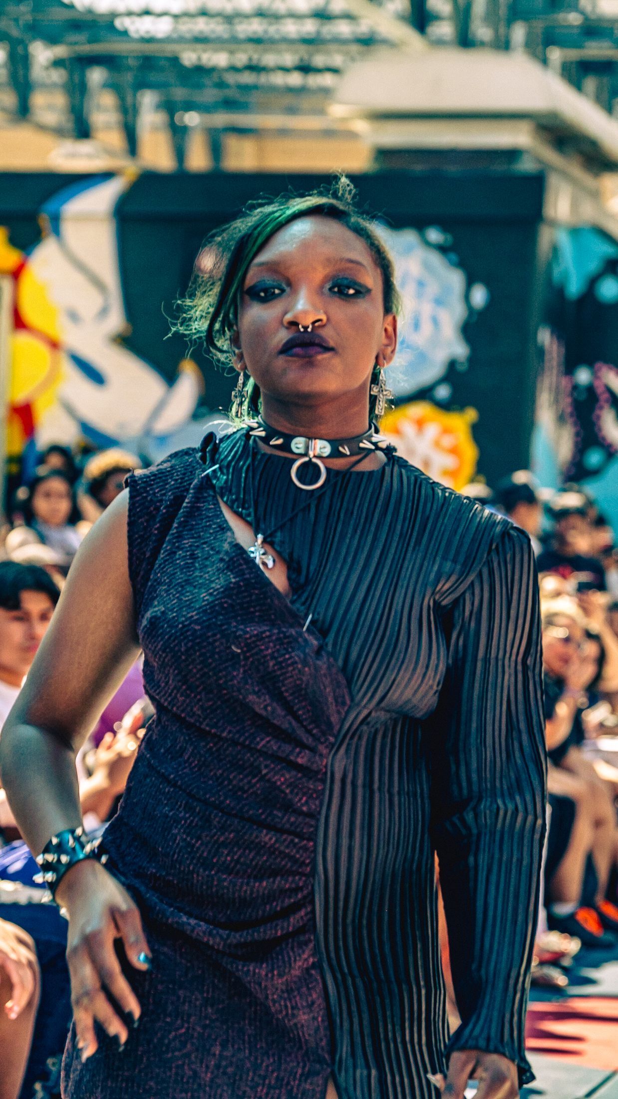 Model in hand-made garment at the 2023 Sustainable Fashion Show at New Design High School. Photo by Luis Suarez