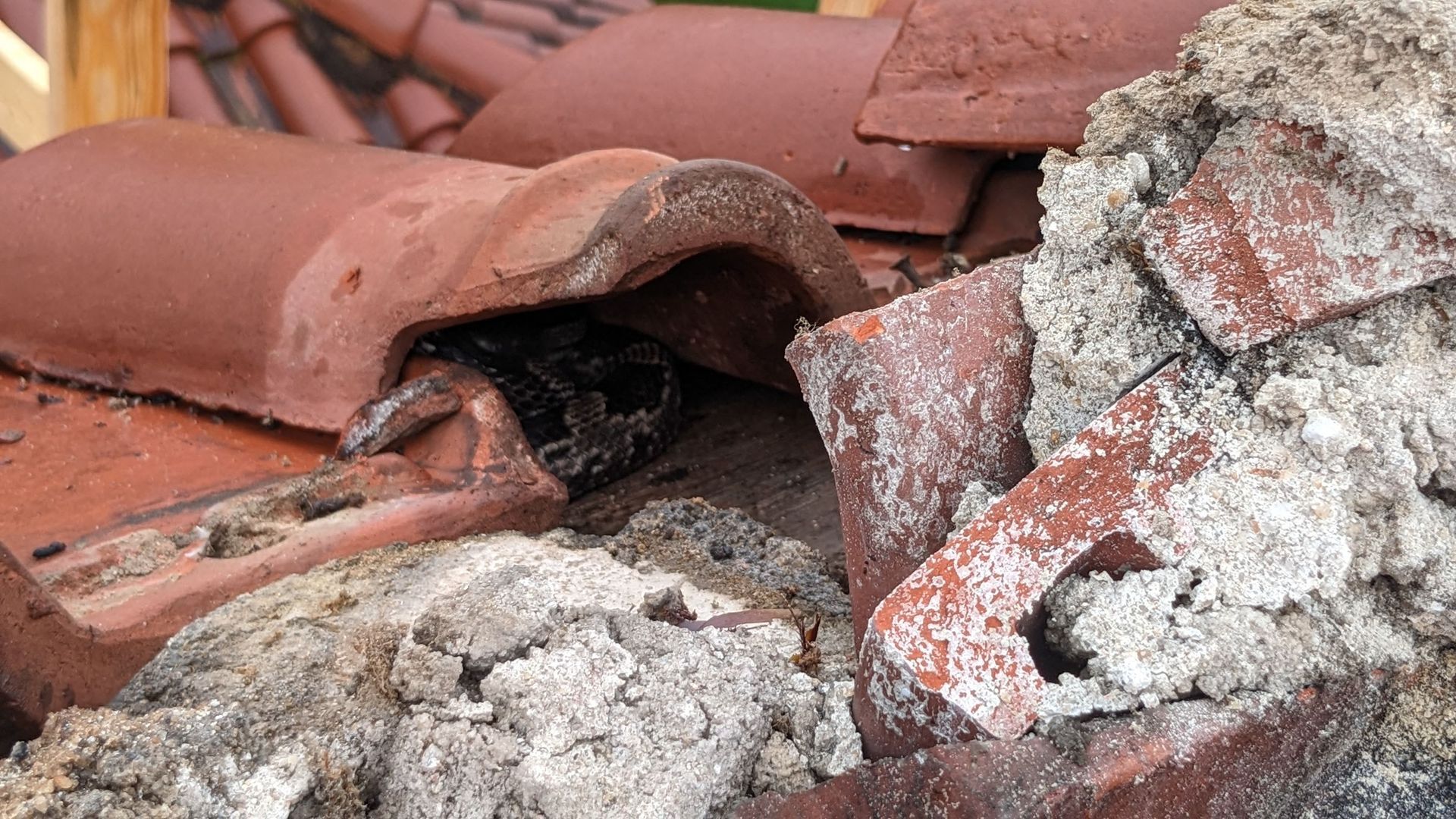 A close up of a broken tile roof with a hole in it.