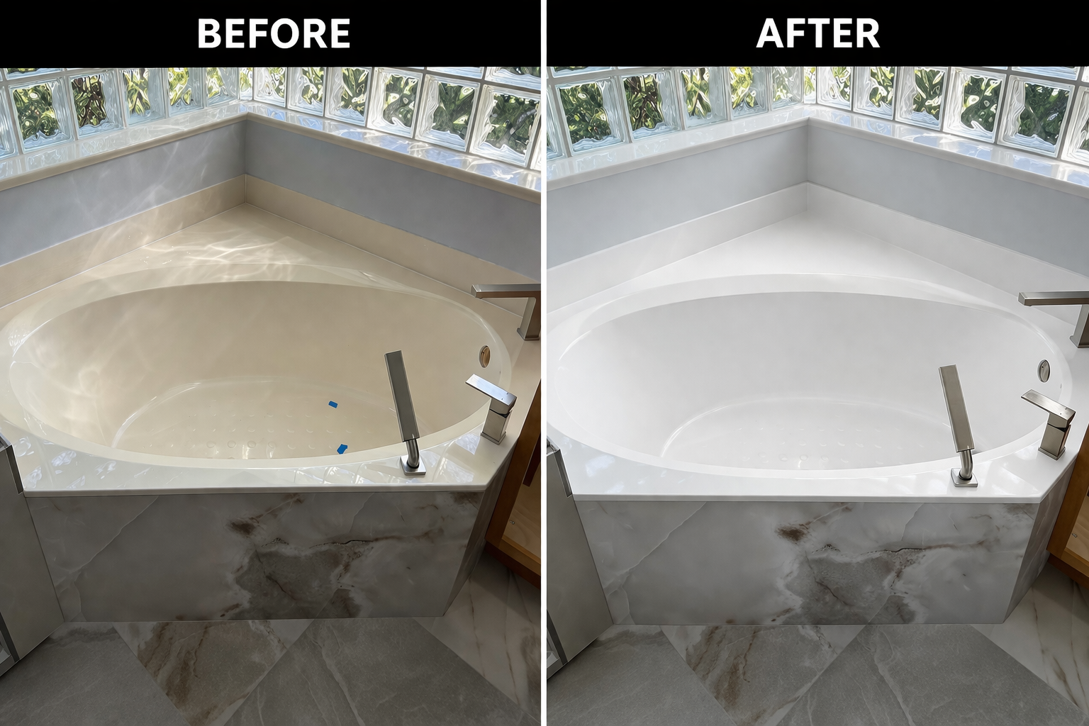 Before and after comparison of an alcove soaking or garden bathtub resurfaced from beige to a clean, bright white finish.