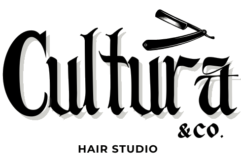 Logo for Cultura Hair Studio: Black text with a barber razor, 