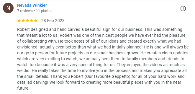 A five star review of a business sign made by Ingrained Culture