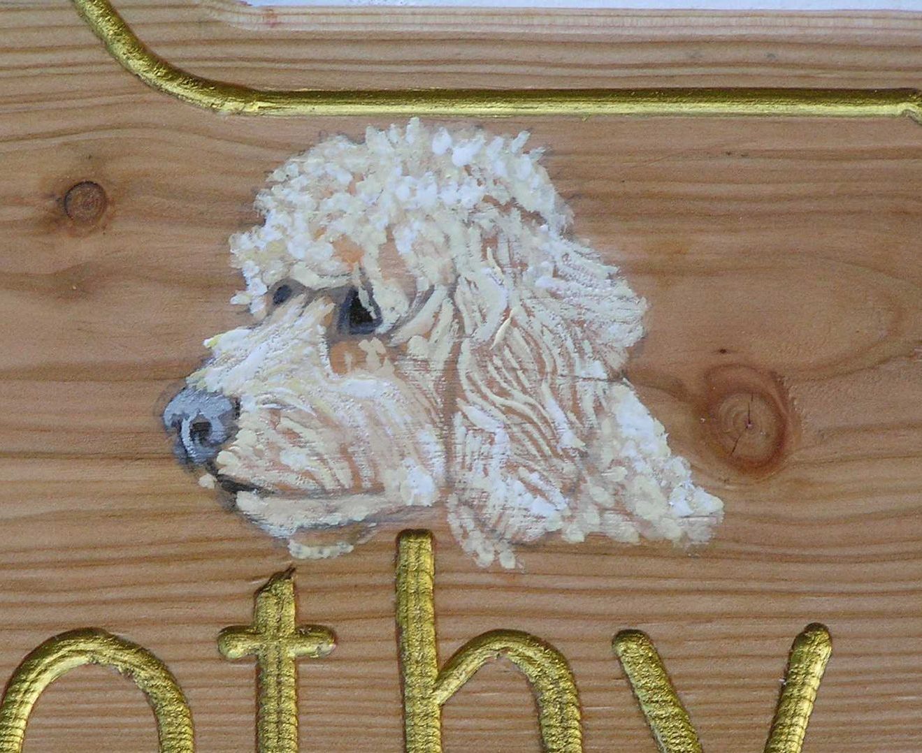 Hand painted pet portrait of a Labradoodle.