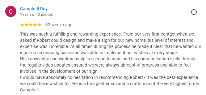 A written 5 star review about a sculptural house sign made by Robert Lawrence of Ingrained Culture