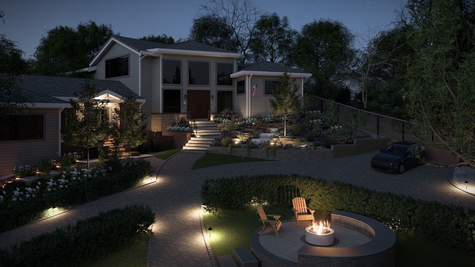 Man working on architectural designs at a desk with a computer and a laptop, showing a house blueprint.