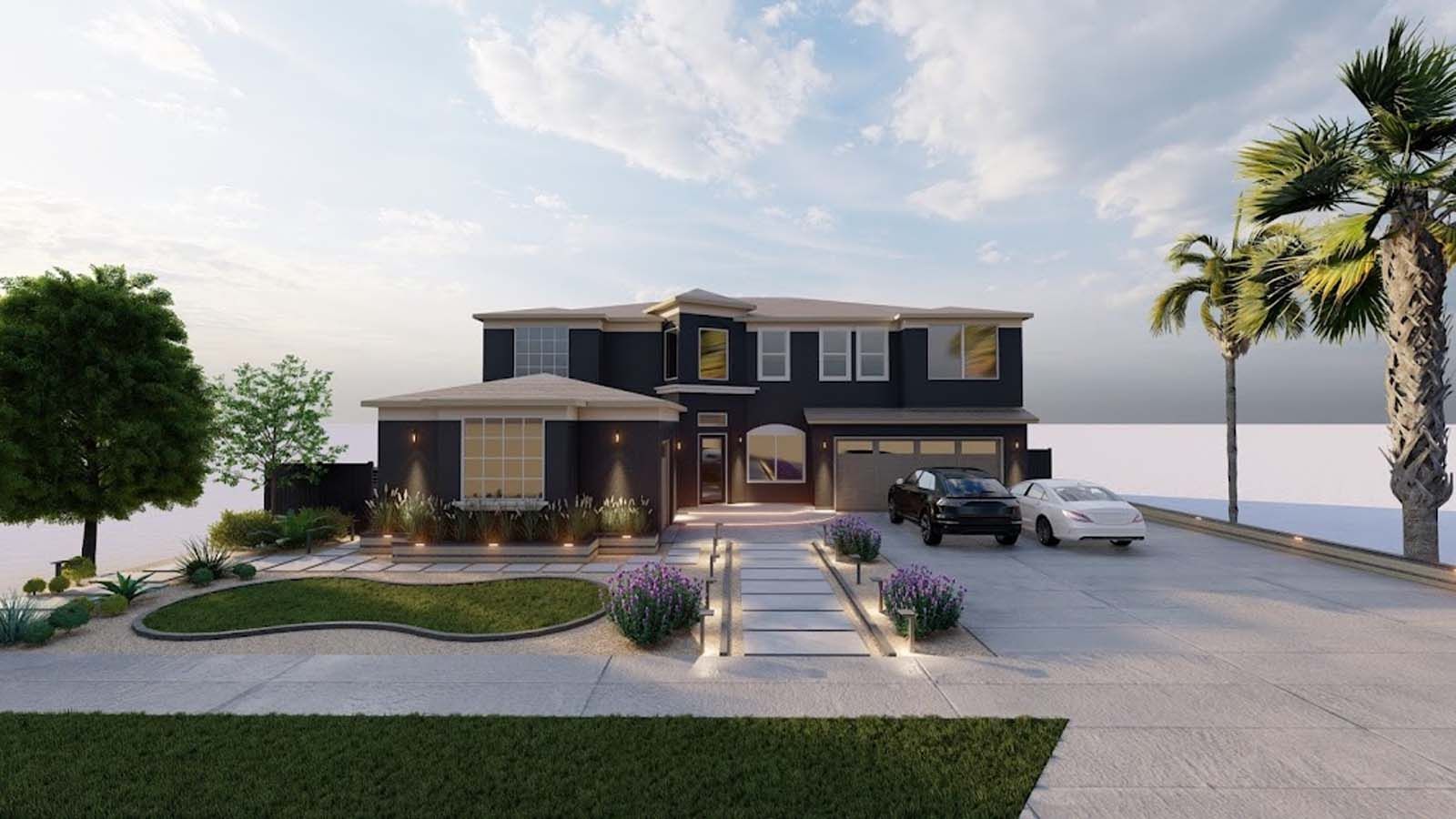Two-story black house with cars parked in front, palm tree, and garden.