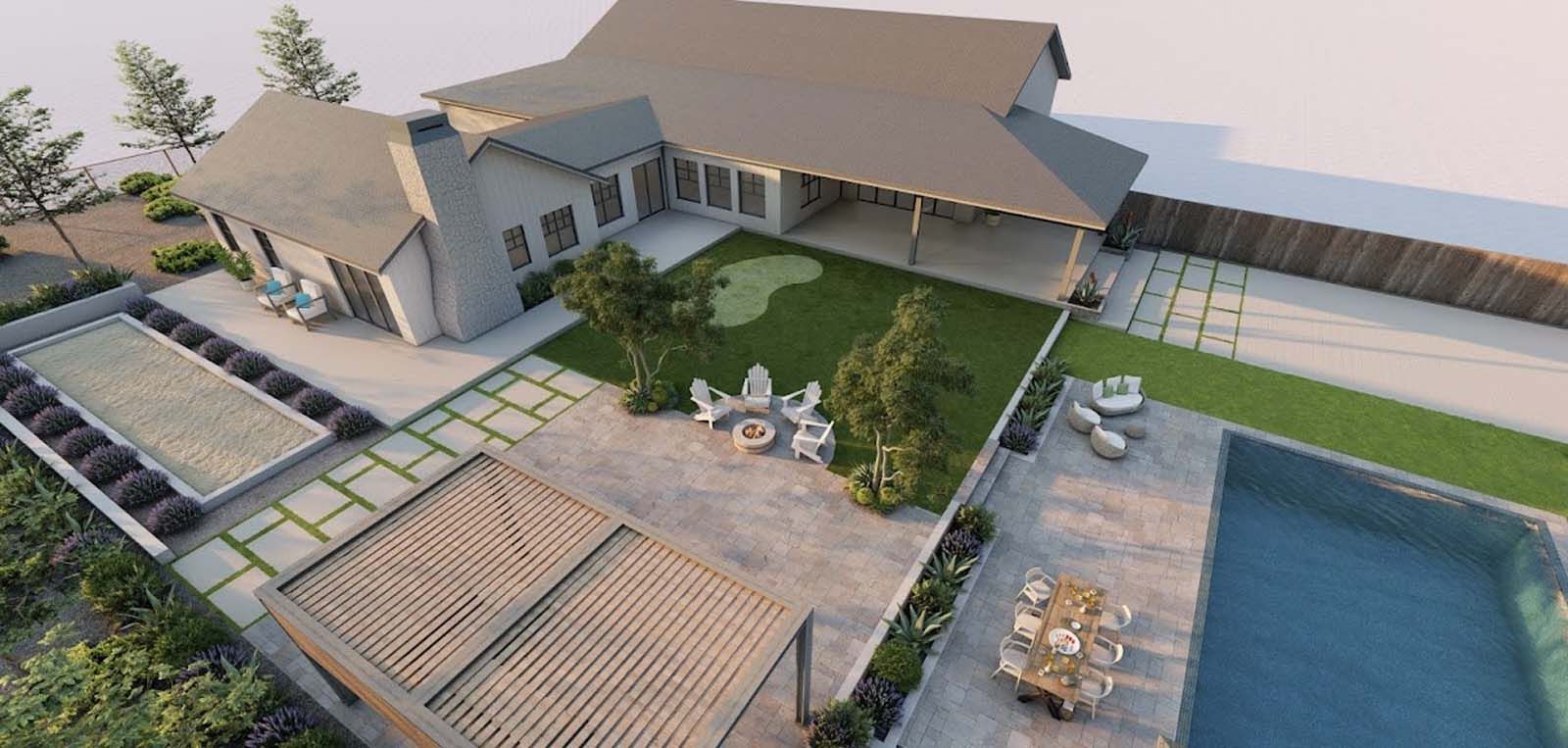 Aerial view of a modern house with a pool, patio, and lawn.