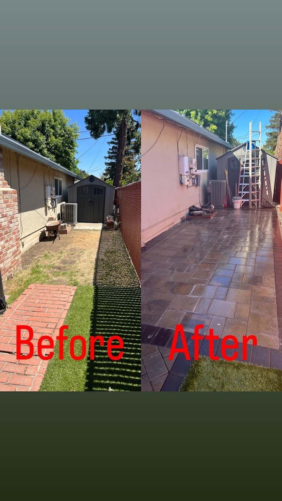 Before and after comparison of a backyard patio renovation. The left shows a grassy area. The right shows the finished paved patio.