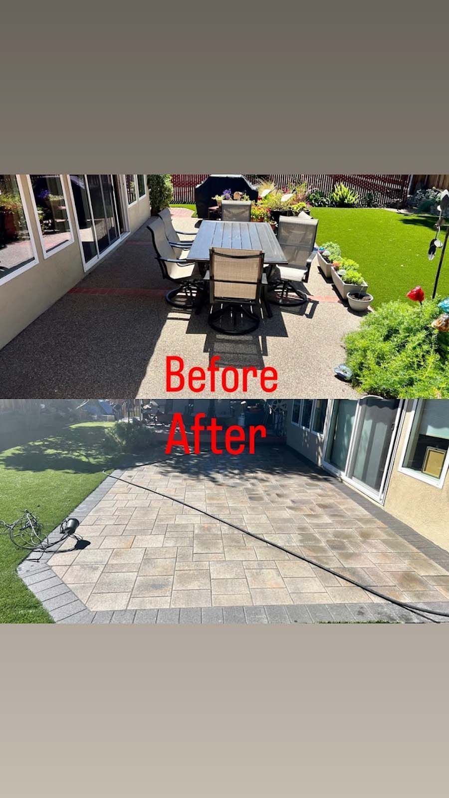 Before and after comparison of a patio. The 'before' shows a patio with furniture, the 'after' shows a newly paved patio.