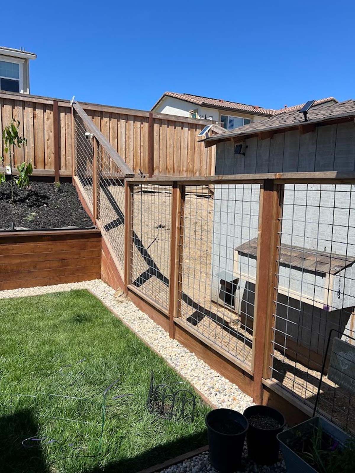 A wooden fence with wire mesh panels encloses a backyard with green grass and a building.